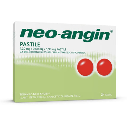 Box of neo-angin pastilles with red circles on a white background