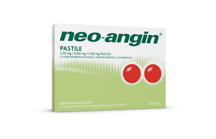 Box of neo-angin pastilles with red circles on a white background