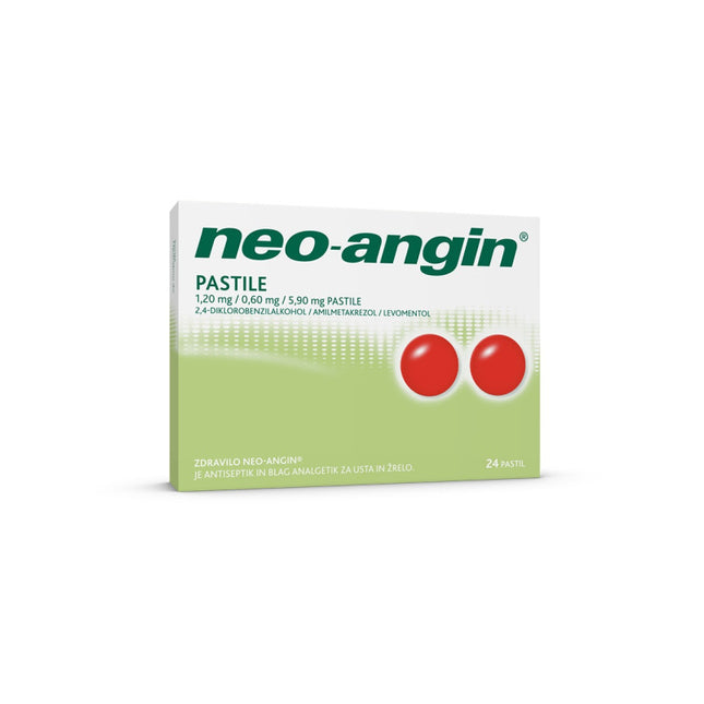 Box of neo-angin pastilles with red circles on a white background