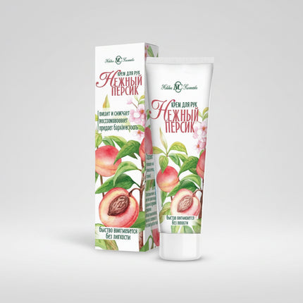 Nevskaya Cosmetics Gentle Peach Hand Cream is a nourishing daily hand cream designed to soften, moisturize, and protect the skin of the hands. Enriched with peach oil, olive oil, lanolin, and vitamin E, the lightweight formula absorbs quickly without leaving a greasy or sticky residue, leaving hands feeling smooth, soft, and velvety. Ideal for everyday use and frequent application throughout the day.