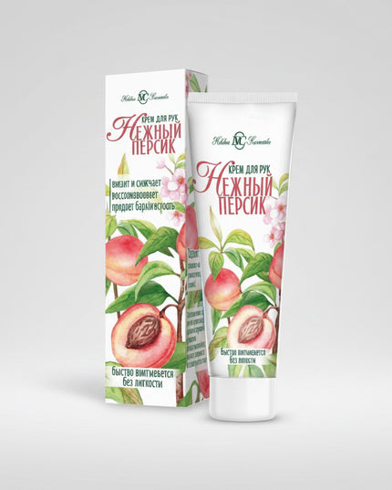Nevskaya Cosmetics Gentle Peach Hand Cream is a nourishing daily hand cream designed to soften, moisturize, and protect the skin of the hands. Enriched with peach oil, olive oil, lanolin, and vitamin E, the lightweight formula absorbs quickly without leaving a greasy or sticky residue, leaving hands feeling smooth, soft, and velvety. Ideal for everyday use and frequent application throughout the day.