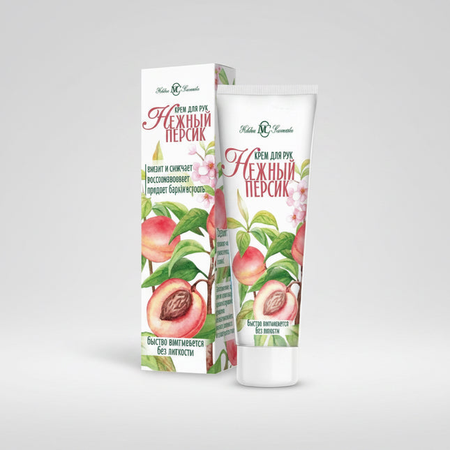 Nevskaya Cosmetics Gentle Peach Hand Cream is a nourishing daily hand cream designed to soften, moisturize, and protect the skin of the hands. Enriched with peach oil, olive oil, lanolin, and vitamin E, the lightweight formula absorbs quickly without leaving a greasy or sticky residue, leaving hands feeling smooth, soft, and velvety. Ideal for everyday use and frequent application throughout the day.