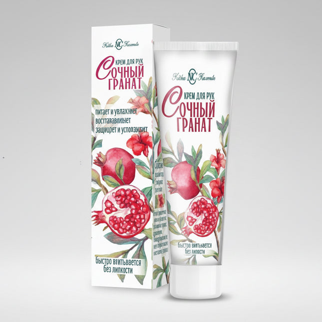 Nevskaya Cosmetics Juicy Pomegranate Hand Cream is a lightweight nourishing cream designed for daily hand care. Enriched with pomegranate juice, panthenol, allantoin, and vitamin E, the formula helps moisturize, soften, and protect the skin while supporting its natural regeneration processes. The cream absorbs quickly without leaving a greasy or sticky residue and leaves hands feeling smooth, comfortable, and delicately scented.