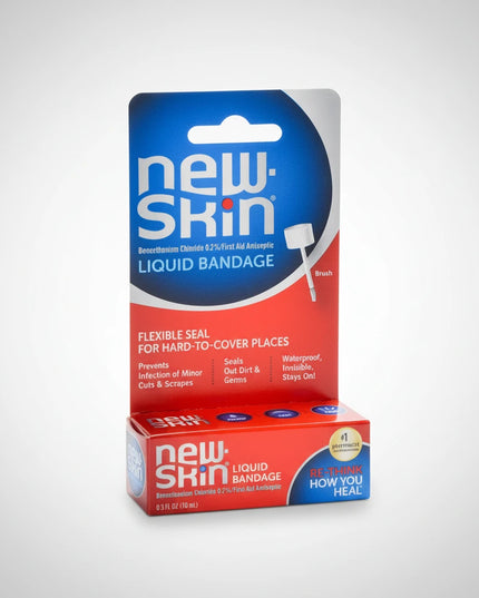 New-Skin Liquid Bandage is a convenient topical first-aid product that creates a tough, flexible, waterproof protective covering over minor cuts and wounds.

Unlike traditional adhesive bandages, the liquid formula is painted directly onto the skin and dries quickly to form a clear protective layer. It is particularly useful for hard-to-cover areas such as fingers, knuckles, hands, and feet, where conventional bandages may loosen or fall off.

The compact 0.3 fl oz bottle is convenient for home, travel, spo