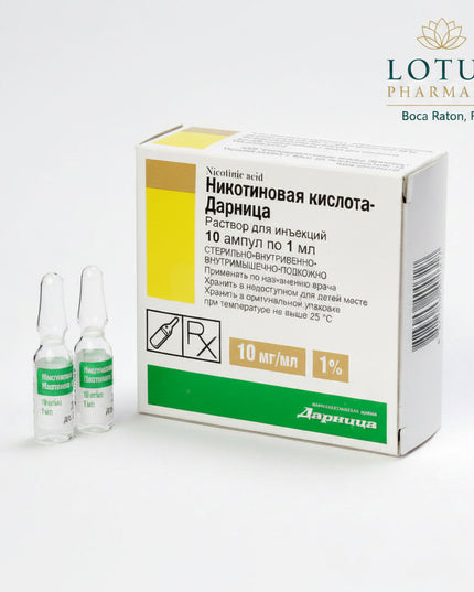Nicotinic Acid 1% (Niacin) Injection Solution is a parenteral form of Vitamin B3, supplied in 1 ml ampoules (1% solution) with 10 ampoules per pack. It is used in medical practice to support circulation, lipid metabolism, and vitamin B3 deficiency states.