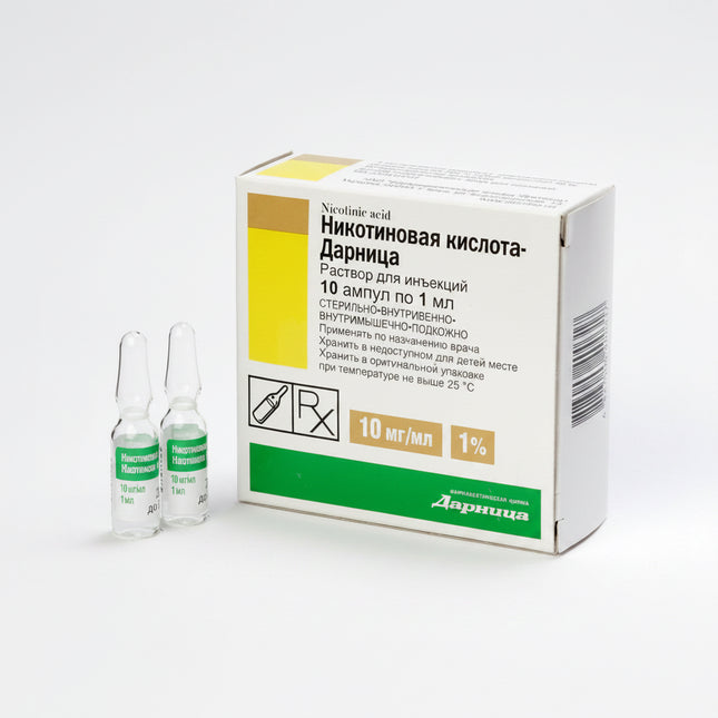 Nicotinic Acid 1% (Niacin) Injection Solution is a parenteral form of Vitamin B3, supplied in 1 ml ampoules (1% solution) with 10 ampoules per pack. It is used in medical practice to support circulation, lipid metabolism, and vitamin B3 deficiency states.