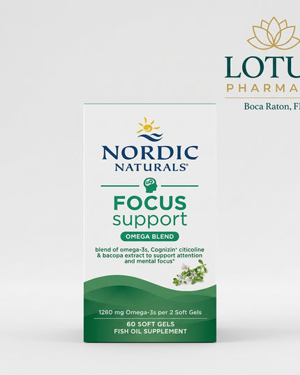 Nordic Naturals Focus Support is a targeted cognitive-support supplement combining concentrated omega-3 fatty acids with citicoline and Bacopa monnieri extract. It is formulated to support mental focus, attention, cognitive function, neurological health, and healthy brain-cell structure. The product was formerly known as Omega Focus.&nbsp;

Each 2-softgel serving provides 1,280 mg total omega-3s, including 330 mg EPA and 780 mg DHA, together with 250 mg citicoline and 200 mg Bacopa monnieri extract.&nbsp;