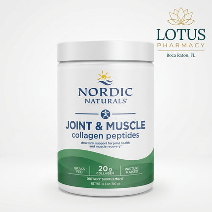 Nordic Naturals Joint &amp; Muscle Collagen Peptides is an unflavored collagen powder made with hydrolyzed bovine collagen peptides from grass-fed cattle. It provides 20 g of bioactive Type I and Type III collagen peptides per serving to support joint mobility, muscle recovery, bone structure, and skin health.

The hydrolyzed formula is designed for easy digestion and absorption and mixes easily into warm or cold beverages, smoothies, coffee, or other foods without adding flavor.