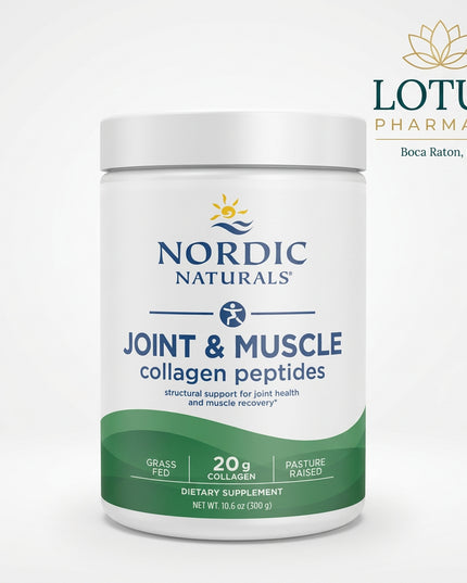 Nordic Naturals Joint &amp; Muscle Collagen Peptides is an unflavored collagen powder made with hydrolyzed bovine collagen peptides from grass-fed cattle. It provides 20 g of bioactive Type I and Type III collagen peptides per serving to support joint mobility, muscle recovery, bone structure, and skin health.

The hydrolyzed formula is designed for easy digestion and absorption and mixes easily into warm or cold beverages, smoothies, coffee, or other foods without adding flavor.