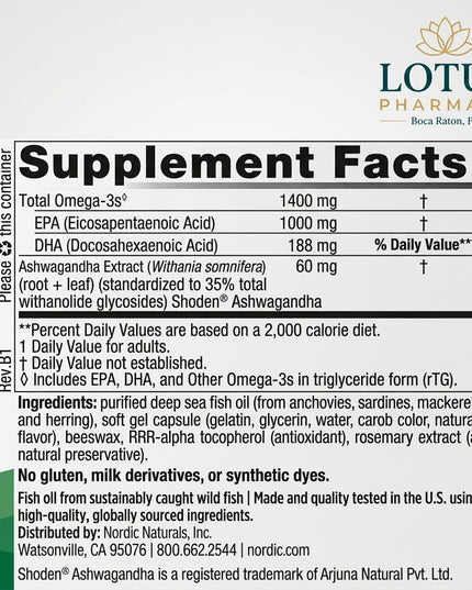 Nordic Naturals Mood Support is a targeted emotional wellness supplement formulated with a high-EPA omega-3 fish oil blend and Shoden® ashwagandha extract. It is designed to support healthy mood, stress resilience, brain function, and overall emotional well-being.

Each 2-softgel serving provides 1,400 mg total omega-3s, including 1,000 mg EPA and 188 mg DHA, together with 60 mg Shoden® ashwagandha extract, standardized to 35% total withanolide glycosides.