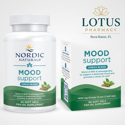 Nordic Naturals Mood Support is a targeted emotional wellness supplement formulated with a high-EPA omega-3 fish oil blend and Shoden® ashwagandha extract. It is designed to support healthy mood, stress resilience, brain function, and overall emotional well-being.

Each 2-softgel serving provides 1,400 mg total omega-3s, including 1,000 mg EPA and 188 mg DHA, together with 60 mg Shoden® ashwagandha extract, standardized to 35% total withanolide glycosides.