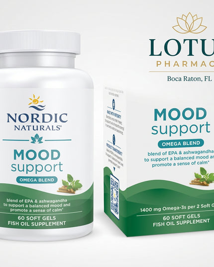 Nordic Naturals Mood Support is a targeted emotional wellness supplement formulated with a high-EPA omega-3 fish oil blend and Shoden® ashwagandha extract. It is designed to support healthy mood, stress resilience, brain function, and overall emotional well-being.

Each 2-softgel serving provides 1,400 mg total omega-3s, including 1,000 mg EPA and 188 mg DHA, together with 60 mg Shoden® ashwagandha extract, standardized to 35% total withanolide glycosides.