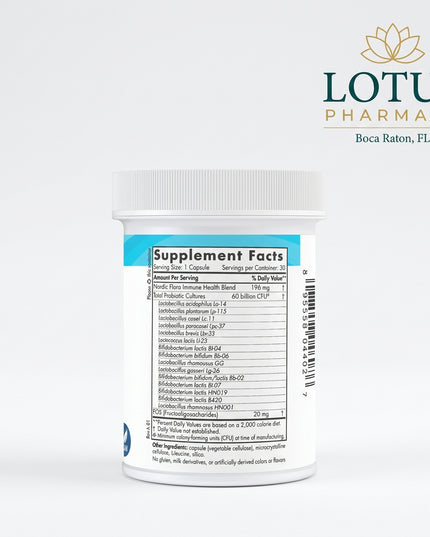 Nordic Naturals Nordic® Flora Probiotic Immune Health is a high-potency probiotic supplement formulated with 15 research-backed probiotic strains providing 60 billion CFU per capsule, plus prebiotic FOS (fructooligosaccharides).