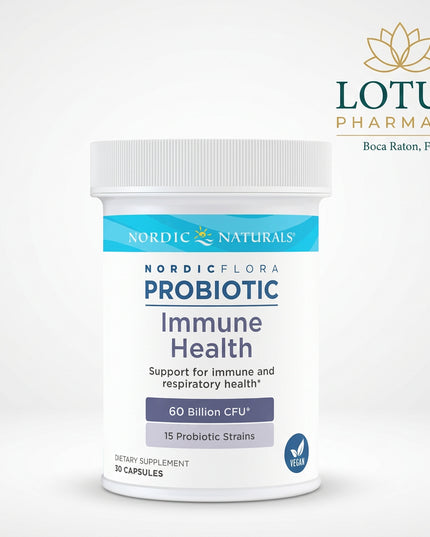 Nordic Naturals Nordic® Flora Probiotic Immune Health is a high-potency probiotic supplement formulated with 15 research-backed probiotic strains providing 60 billion CFU per capsule, plus prebiotic FOS (fructooligosaccharides).