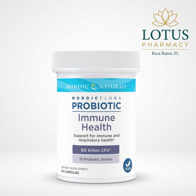 Nordic Naturals Nordic® Flora Probiotic Immune Health is a high-potency probiotic supplement formulated with 15 research-backed probiotic strains providing 60 billion CFU per capsule, plus prebiotic FOS (fructooligosaccharides).