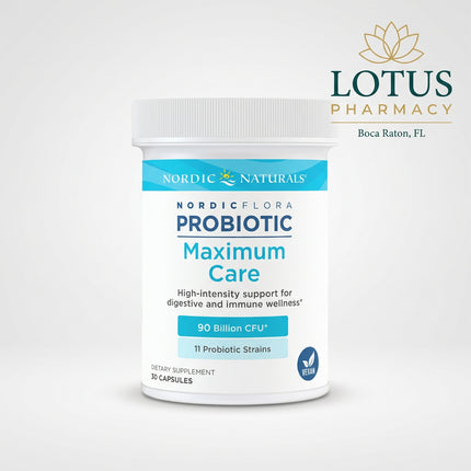 Nordic Naturals Nordic® Flora Probiotic Maximum Care is a high-potency probiotic formulated for intensive digestive and immune system support. Each capsule provides 90 billion CFU from 11 research-backed probiotic strains, including Lactobacillus acidophilus NCFM, plus prebiotic FOS (fructooligosaccharides) to help support beneficial bacteria in the gut.