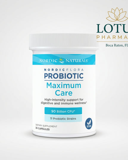 Nordic Naturals Nordic® Flora Probiotic Maximum Care is a high-potency probiotic formulated for intensive digestive and immune system support. Each capsule provides 90 billion CFU from 11 research-backed probiotic strains, including Lactobacillus acidophilus NCFM, plus prebiotic FOS (fructooligosaccharides) to help support beneficial bacteria in the gut.