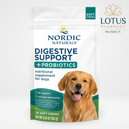 Nordic Naturals Pet Digestive Support Soft Chews are formulated for dogs with a combination of probiotics, digestive enzymes, prebiotic FOS, pumpkin, and bone broth to support normal digestion, nutrient absorption, regularity, and a healthy gut environment.