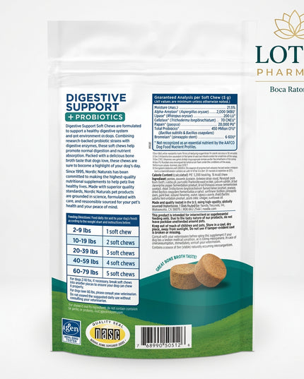 Nordic Naturals Pet Digestive Support Soft Chews are formulated for dogs with a combination of probiotics, digestive enzymes, prebiotic FOS, pumpkin, and bone broth to support normal digestion, nutrient absorption, regularity, and a healthy gut environment.