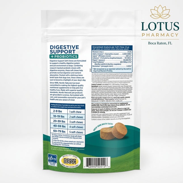 Nordic Naturals Pet Digestive Support Soft Chews are formulated for dogs with a combination of probiotics, digestive enzymes, prebiotic FOS, pumpkin, and bone broth to support normal digestion, nutrient absorption, regularity, and a healthy gut environment.