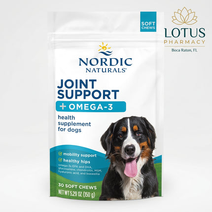 Nordic Naturals Pet Joint Support Soft Chews are formulated for dogs with a targeted combination of glucosamine, chondroitin, MSM, omega-3 fish oil, Boswellia serrata, and hyaluronic acid to support healthy hips, joints, cartilage, connective tissue, and mobility.