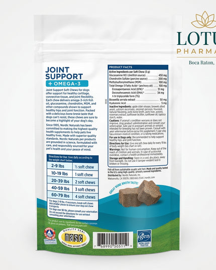 Nordic Naturals Pet Joint Support Soft Chews are formulated for dogs with a targeted combination of glucosamine, chondroitin, MSM, omega-3 fish oil, Boswellia serrata, and hyaluronic acid to support healthy hips, joints, cartilage, connective tissue, and mobility.