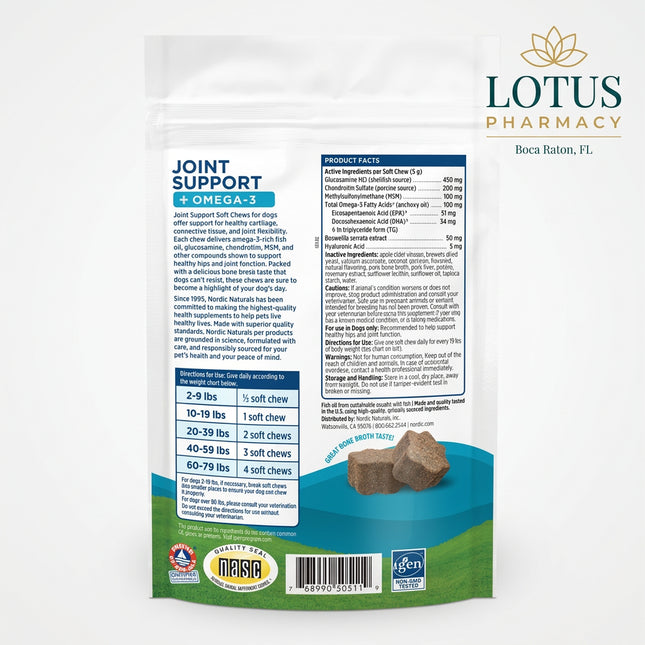 Nordic Naturals Pet Joint Support Soft Chews are formulated for dogs with a targeted combination of glucosamine, chondroitin, MSM, omega-3 fish oil, Boswellia serrata, and hyaluronic acid to support healthy hips, joints, cartilage, connective tissue, and mobility.