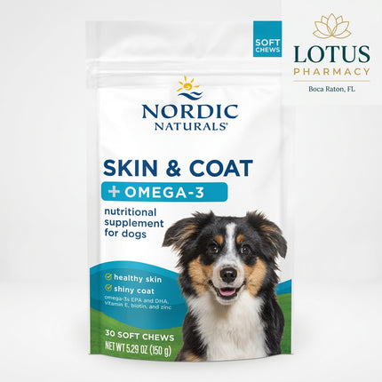 Nordic Naturals Pet Skin &amp; Coat Soft Chews are formulated for dogs with a targeted blend of omega-3 fish oil, vitamin E, biotin, and zinc to support healthy skin, coat softness, shine, and overall skin condition.