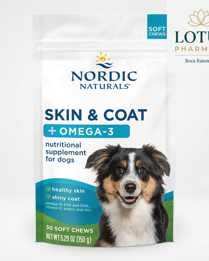 Nordic Naturals Pet Skin &amp; Coat Soft Chews are formulated for dogs with a targeted blend of omega-3 fish oil, vitamin E, biotin, and zinc to support healthy skin, coat softness, shine, and overall skin condition.