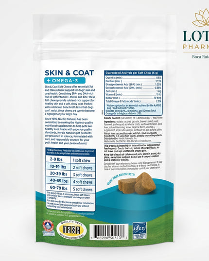 Nordic Naturals Pet Skin &amp; Coat Soft Chews are formulated for dogs with a targeted blend of omega-3 fish oil, vitamin E, biotin, and zinc to support healthy skin, coat softness, shine, and overall skin condition.