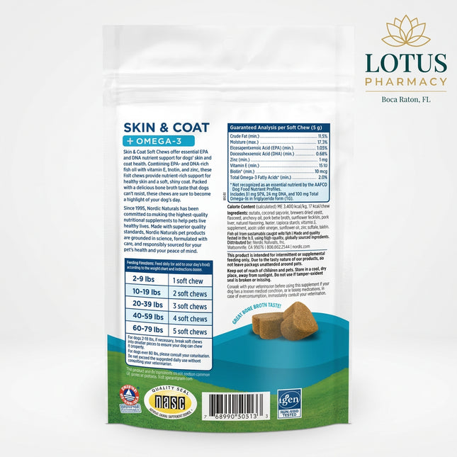 Nordic Naturals Pet Skin &amp; Coat Soft Chews are formulated for dogs with a targeted blend of omega-3 fish oil, vitamin E, biotin, and zinc to support healthy skin, coat softness, shine, and overall skin condition.