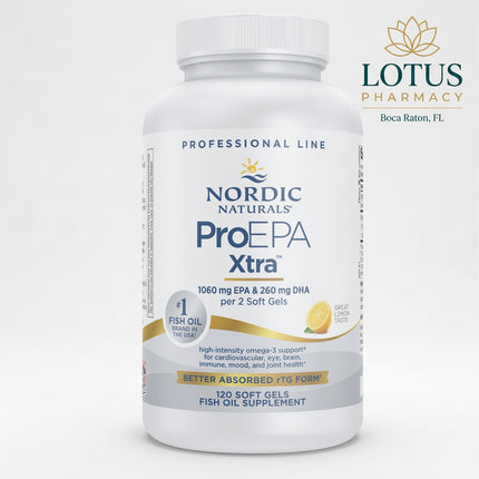 Nordic Naturals ProEPA Xtra is a high-potency omega-3 fish oil supplement formulated with an EPA-dominant profile for targeted support of cardiovascular health, mood, immune function, cellular health, and joint comfort.

Each 2-softgel serving provides 1,640 mg total omega-3s, including 1,060 mg EPA and 260 mg DHA. The fish oil is supplied in triglyceride form and has a natural lemon flavor.