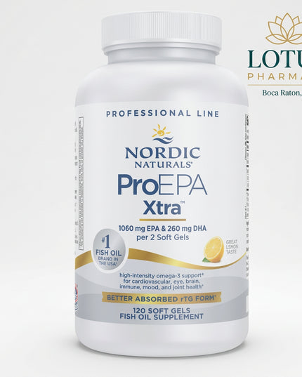 Nordic Naturals ProEPA Xtra is a high-potency omega-3 fish oil supplement formulated with an EPA-dominant profile for targeted support of cardiovascular health, mood, immune function, cellular health, and joint comfort.

Each 2-softgel serving provides 1,640 mg total omega-3s, including 1,060 mg EPA and 260 mg DHA. The fish oil is supplied in triglyceride form and has a natural lemon flavor.