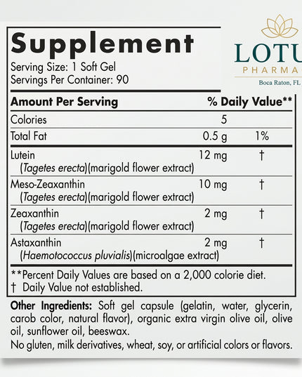 Nordic Naturals ProMacular Defense is a targeted eye-health supplement formulated with four antioxidant carotenoids: lutein, meso-zeaxanthin, zeaxanthin, and astaxanthin. These nutrients are concentrated in or associated with retinal and macular tissues and are used to support long-term macular health, retinal function, and visual performance.