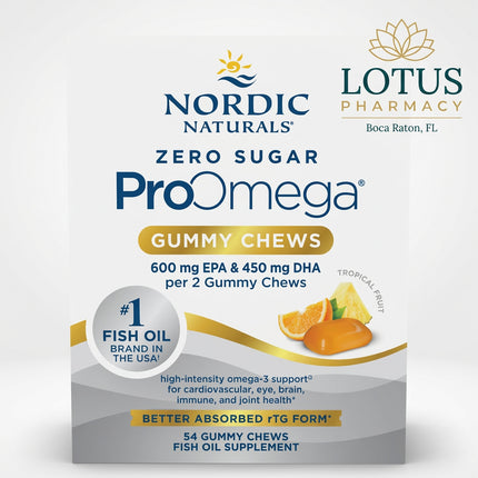 Nordic Naturals ProOmega® Gummy Chews are a high-potency omega-3 supplement in a convenient zero-sugar tropical fruit gummy format. Each 2-gummy serving provides 1,200 mg total omega-3s, including 600 mg EPA and 450 mg DHA.

The omega-3s are supplied in highly absorbable triglyceride form and are designed to support heart health, brain function, mood, immune function, and overall cellular health.