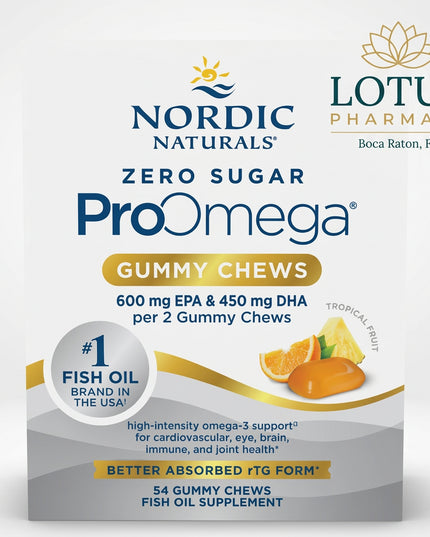Nordic Naturals ProOmega® Gummy Chews are a high-potency omega-3 supplement in a convenient zero-sugar tropical fruit gummy format. Each 2-gummy serving provides 1,200 mg total omega-3s, including 600 mg EPA and 450 mg DHA.

The omega-3s are supplied in highly absorbable triglyceride form and are designed to support heart health, brain function, mood, immune function, and overall cellular health.