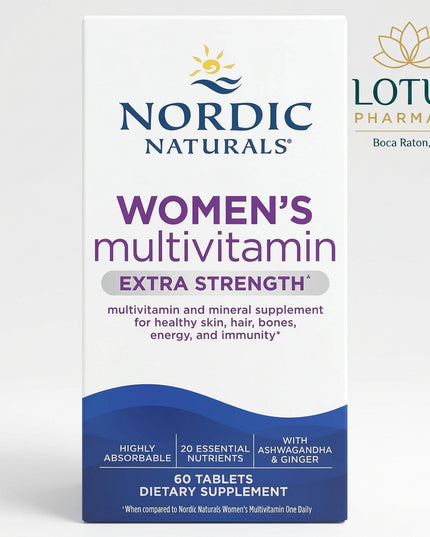 Nordic Naturals Women’s Multivitamin Extra Strength is a comprehensive daily multivitamin formulated specifically for adult women. It provides 20 essential vitamins and minerals in highly absorbable forms, together with KSM-66® ashwagandha and ginger extract for additional support of women’s foundational health.

The formula is designed to support energy production, immune function, healthy hair and skin, bone health, stress resilience, and overall nutritional adequacy. Each bottle contains 60 tablets, prov