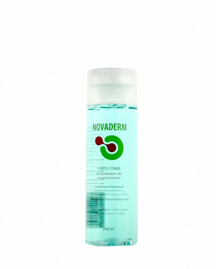 Novaderm Gentle Toner is a&nbsp;daily-use clarifying toner formulated to support acne-prone and oily skin without over-drying or irritation. It gently removes excess oil, helps exfoliate dead skin cells, and refines the appearance of pores while maintaining the skin’s natural balance.

With antiseptic and purifying properties, the toner helps unclog pores, reduce impurities, and support a clearer complexion. At the same time, its soothing and hydrating action leaves skin feeling fresh, calm, and revitalized