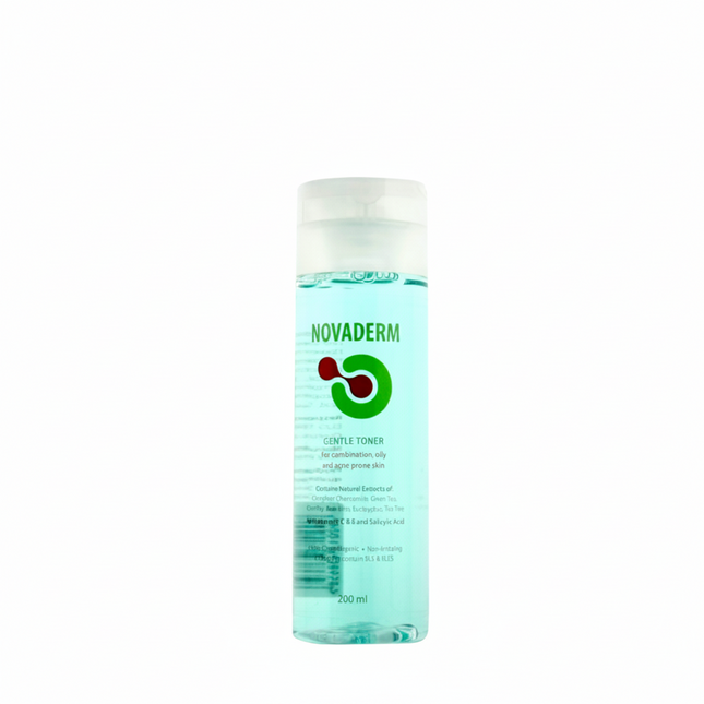 Novaderm Gentle Toner is a&nbsp;daily-use clarifying toner formulated to support acne-prone and oily skin without over-drying or irritation. It gently removes excess oil, helps exfoliate dead skin cells, and refines the appearance of pores while maintaining the skin’s natural balance.

With antiseptic and purifying properties, the toner helps unclog pores, reduce impurities, and support a clearer complexion. At the same time, its soothing and hydrating action leaves skin feeling fresh, calm, and revitalized