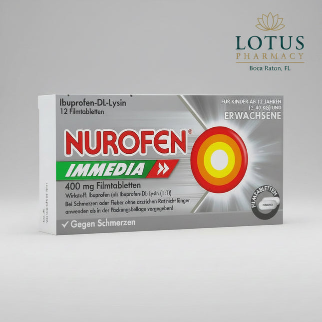 Nurofen® Immedia 400 mg Film-Coated Tablets are a fast-acting pain reliever containing 400 mg of ibuprofen per tablet, supplied as ibuprofen-DL-lysinate.

The lysine salt formulation promotes faster absorption of ibuprofen. According to Nurofen Germany, Nurofen Immedia can begin providing relief within approximately 30 minutes and acts faster than standard ibuprofen formulations.