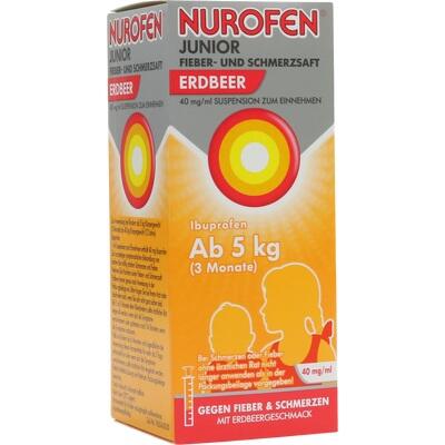Nurofen Junior syrup packaging with red and gray design on a white background
