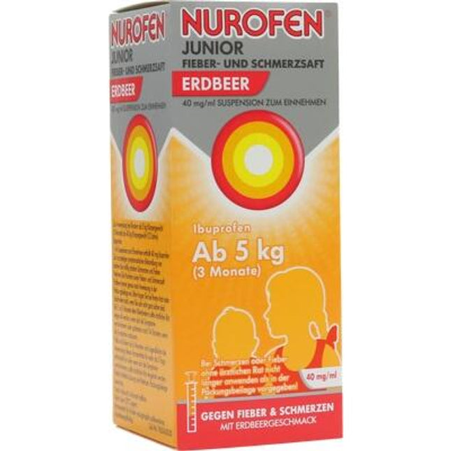 Nurofen Junior syrup packaging with red and gray design on a white background