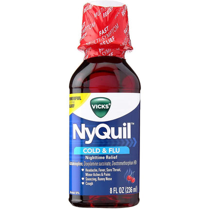 NyQuil, Vicks NyQuil, NyQuil Cold And Flu, Cherry NyQuil, Acetaminophen, Dextromethorphan, Doxylamine, Nighttime Cold Relief, Nighttime Flu Relief, Cough Suppressant, Fever Reducer, Runny Nose Relief, Sneezing Relief, Sore Throat Relief, Cold Medicine, Flu Medicine, Sleep Support, Multi Symptom Relief, Family Wellness, Никвил, Ночное Средство От Простуды, Декстрометорфан, Доксиламин, Ацетаминофен, Кашель, Простуда, Грипп, Жаропонижающее, NyQuil, Medicina Para Resfriado, Medicina Para Gripe, Dextrometorfano,