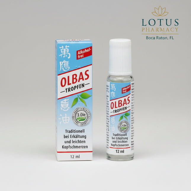 OLBAS® Drops (OLBAS Tropfen) are a highly concentrated traditional herbal preparation containing a distinctive blend of peppermint oil, eucalyptus oil, cajeput oil, juniper berry oil, wintergreen oil, and clove oil.

The aromatic essential-oil combination provides the characteristic cooling, refreshing OLBAS sensation. The German product is traditionally used internally for certain digestive complaints and respiratory symptoms and externally for mild muscle discomfort and headaches. Because it is a concentr