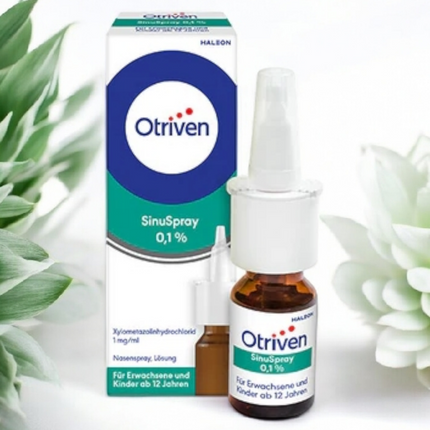 Otriven Sinuspray packaging and spray bottle on a white background with green plants.