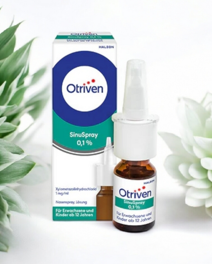 Otriven Sinuspray packaging and spray bottle on a white background with green plants.