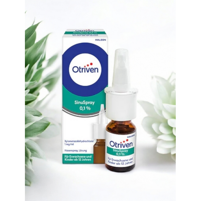 Otriven Sinuspray packaging and spray bottle on a white background with green plants.