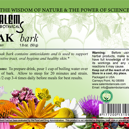 Salem Botanicals Oak bark product label with floral design and text.