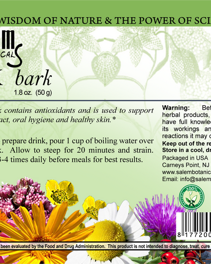 Salem Botanicals Oak bark product label with floral design and text.