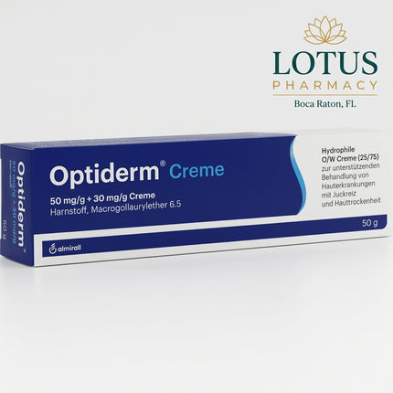 Optiderm Cream is a German medicated moisturizer formulated for dry, itchy, rough, and irritated skin. It combines 5% urea with 3% polidocanol (lauromacrogol 6.5) to help regulate moisture in the outer layer of the skin while providing targeted itch relief.